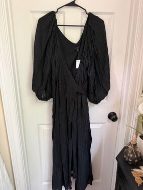 Ann Taylor Black Puff-Sleeve Wrap Maxi Dress